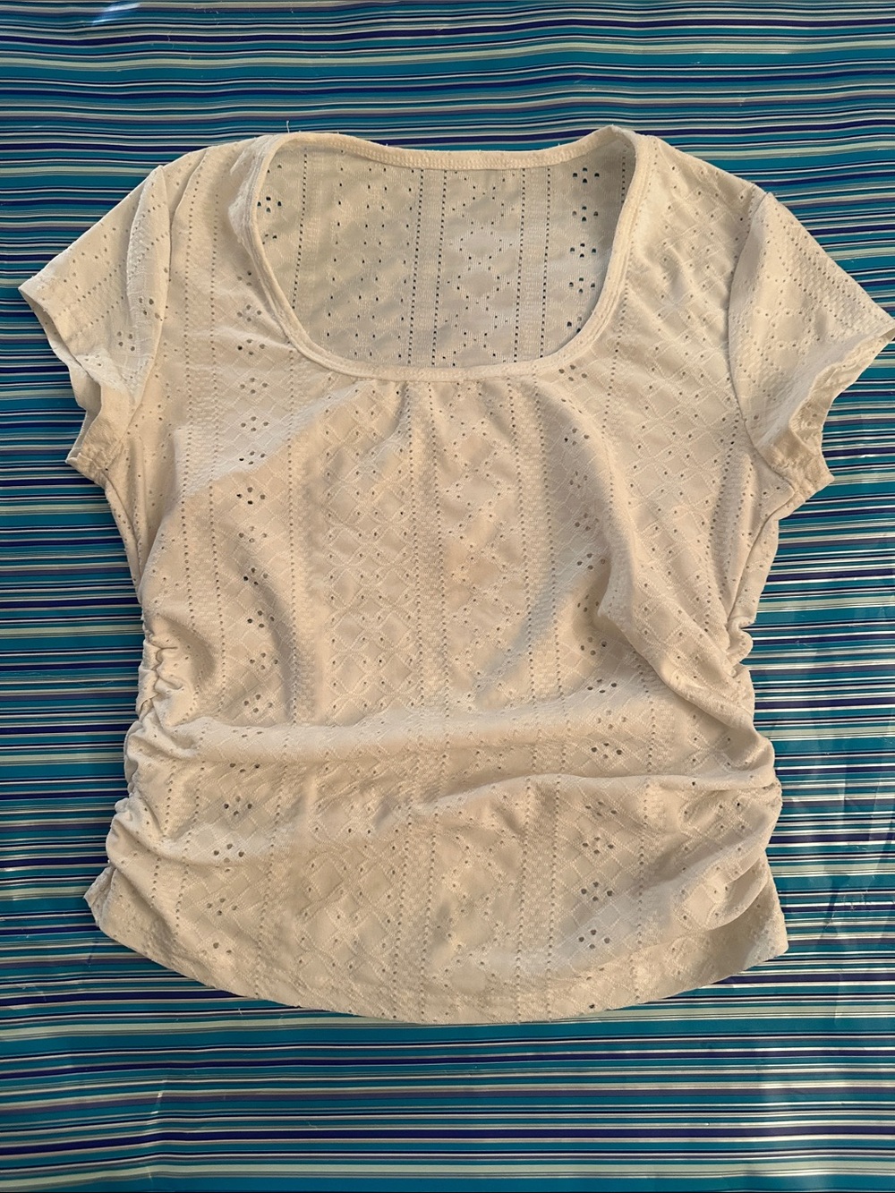 Women’s White Eyelet Scoop Neck Short Sleeve Top